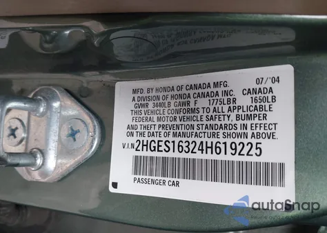 2004 Honda Civic Vp z USA, uszkodzony, nr VIN 2HGES16324H619225